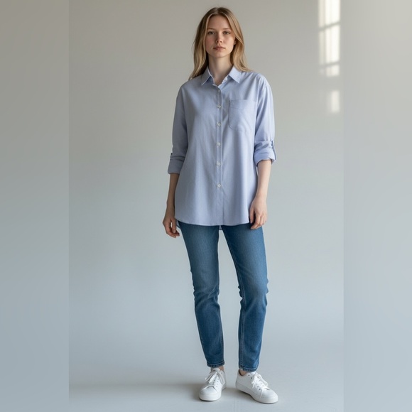 Tops - Blue Pinstripe Button Down Shirt - Classic Collared Work Blouse